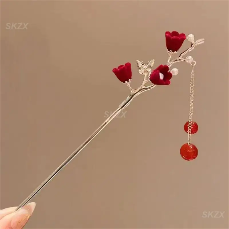 Hanfu Step Shake Exquisite Design Convenient Guofeng Hairpin Hanfu Fashion Red Rose Hairpin Edge Smooth Sturdy Rose Hairpin