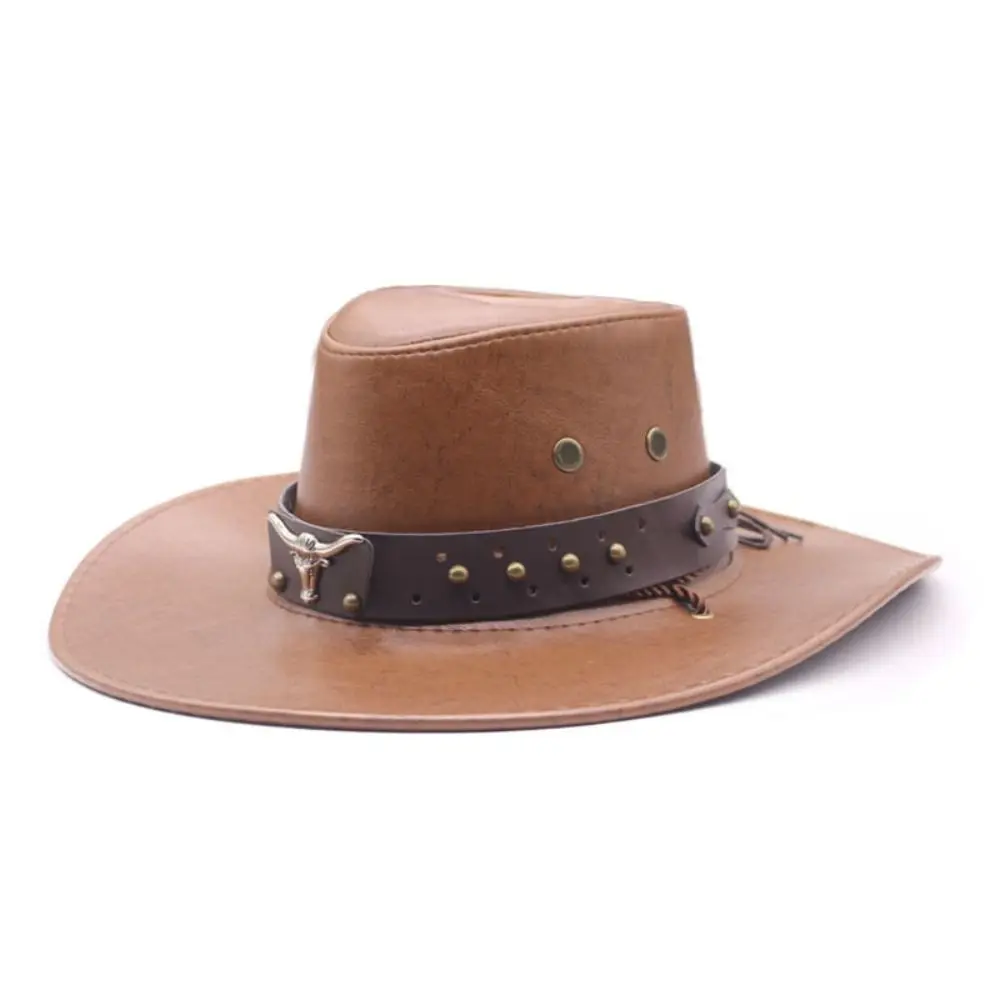 

PU Leather Western Cowboy Hat Drawstring Outdoor Travel Hat Fisherman Hat Climbing Cap Sun Protection Sunscrean Bucket Cap