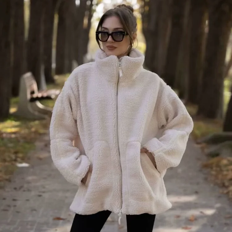 Witte Mode Rits Lamswollen Jas voor Vrouwen Chique Revers Lange Mouw Losse Cropped Jas Vrouwelijke Herfst Winter Casual Uitloper 2025