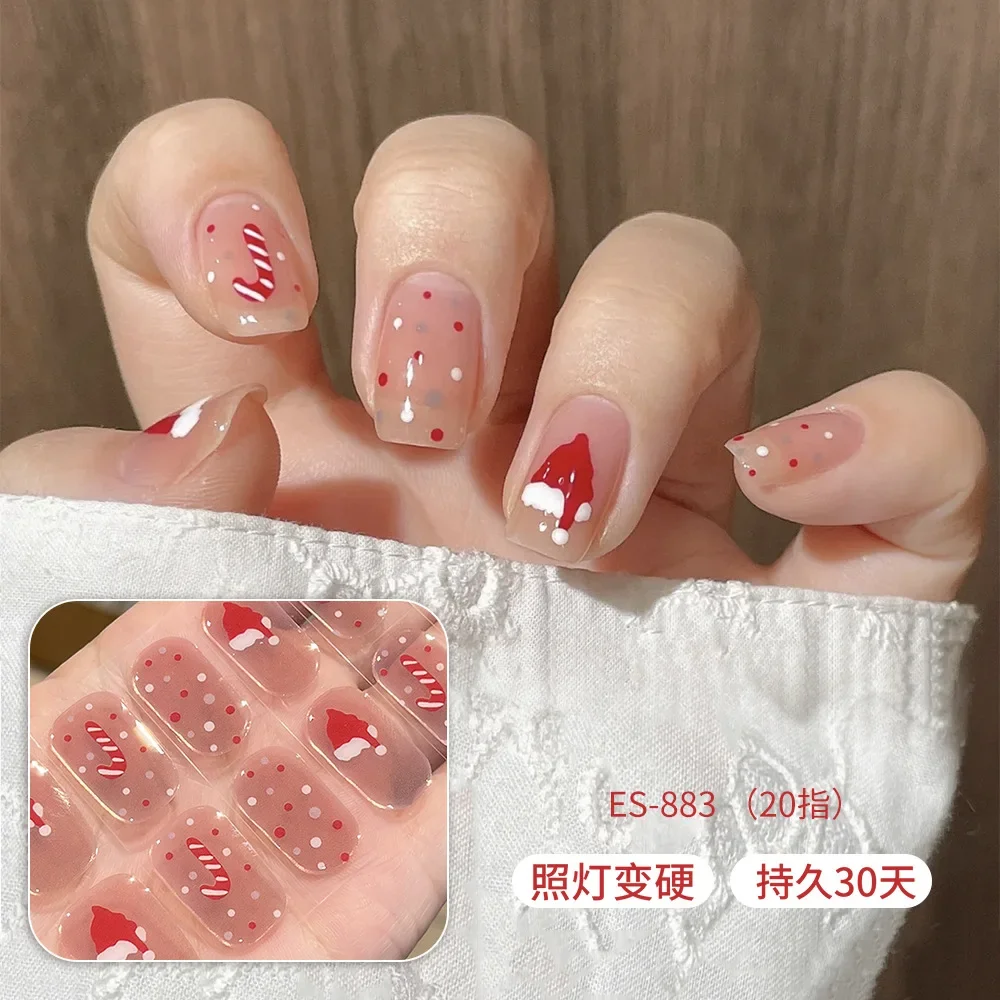 20 Tips Christmas Series UV Semi-cured Gel Nail Wraps Self Adhesive Full Cover Gel Nail Stcikers UV Lamp Need