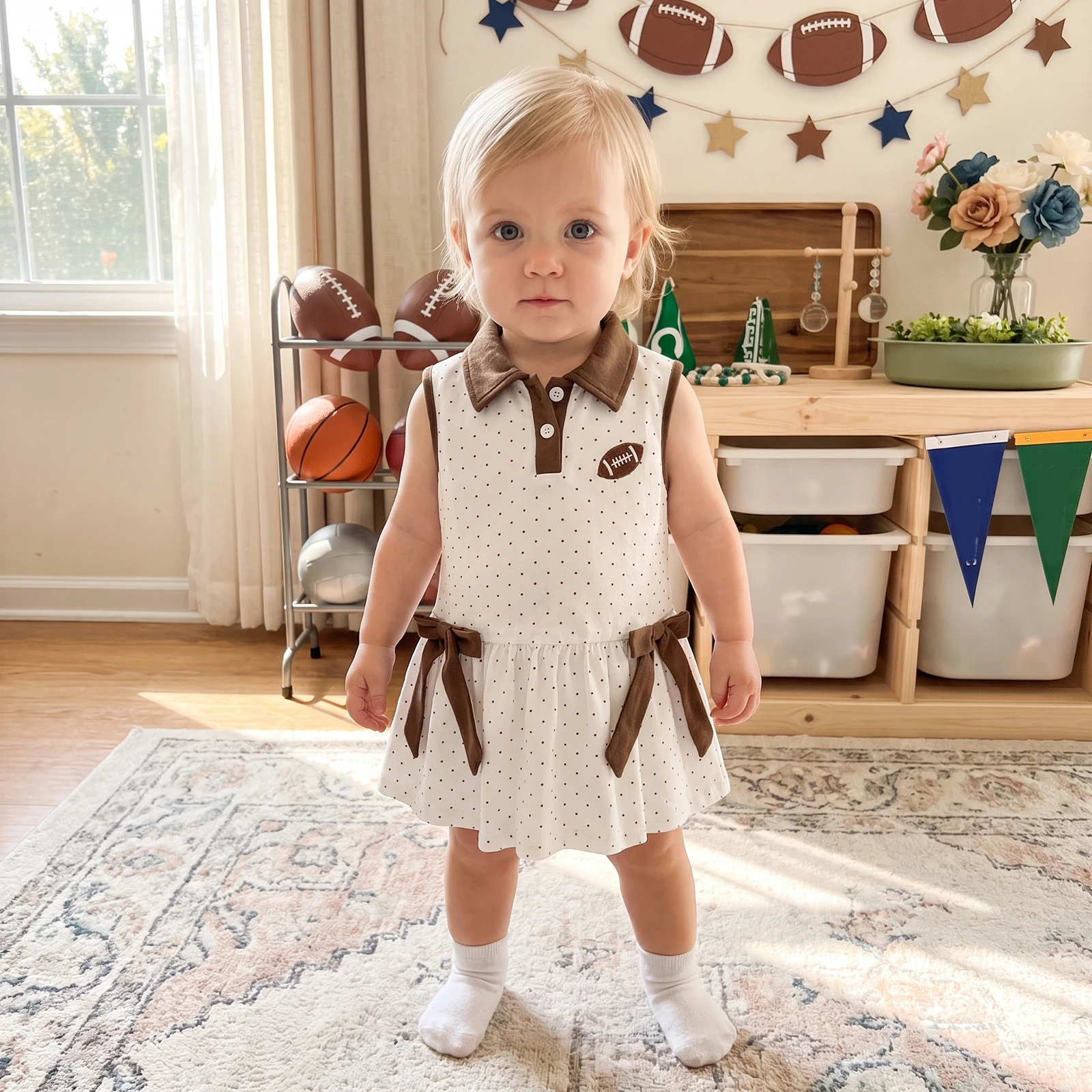 Toddler Baby Girl Dress Football Embroidery Sleeveless Dot Print Dress