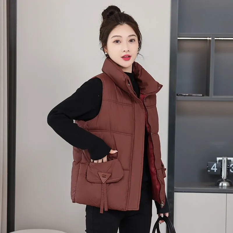 Joker Women's Warm Cotton Padded Coat Vest Collar Jacket 2025 Winter Female Down Cotton Majia Coat Sleeveless Short Overcoat