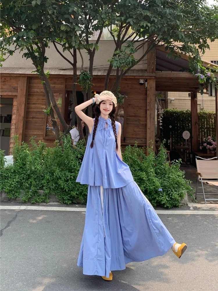 

​Premium Blue Vintage Asymmetric Tank Top Mid Skirt Set Women's Summer 2026 Fashion Outfit​