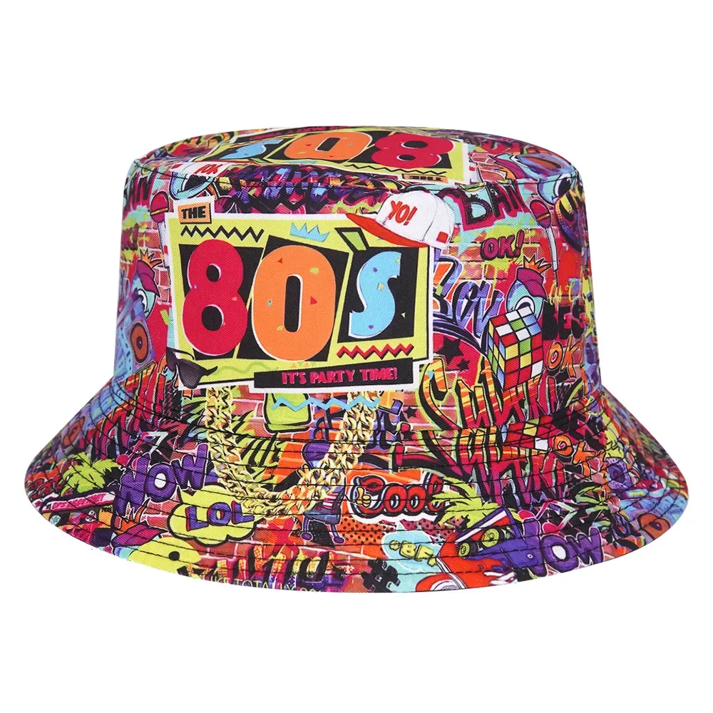 New 80\'s 90\'s Print Summer Sun Protection Bucket Hats for Women Man Fashion Luxury Fisherman Cap Hip Hop Panama Hat Bob Sun Caps