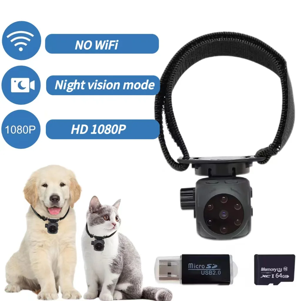 Pet Collar Camera Cat Collar Camera with 64gb Sd Card Dog Tracker Collar with 1080p Video & Infrared Night Vision Functionality