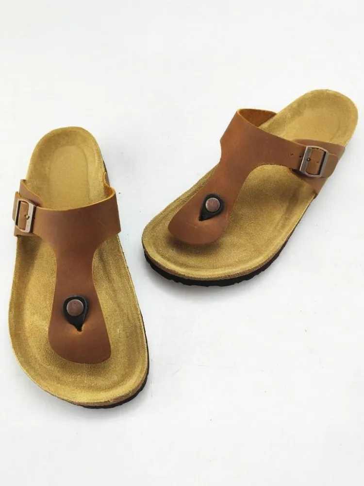 Leisure Style Men Handmade Buckle Strap Genuine Leather Clip Toe Flip Flops Solid Color Cowhide Breathable Beach Slippers