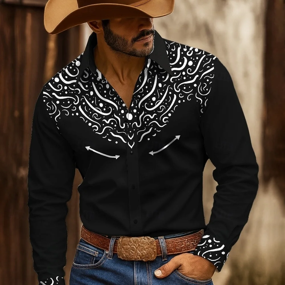

Mens Vintage Western Cowboy Style Long Sleeve Shirt Western Stylish 3D Print Shirt Men Fashion Hawaiian Shirt Outwear Casual Top