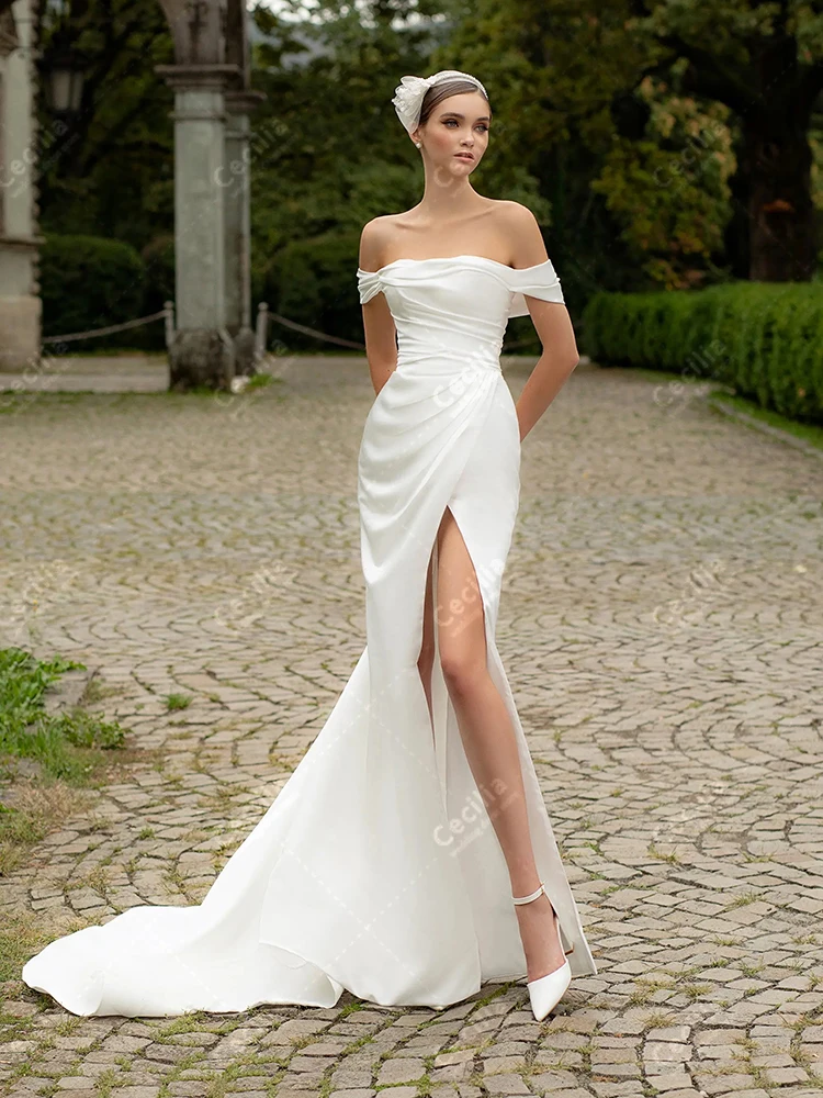 간단한 웨딩 드레스 우아한 신부 가운 오프 숄더 가운 섹시한 하이 슬릿 백리스 현대 맞춤형 Vestidos De Novia