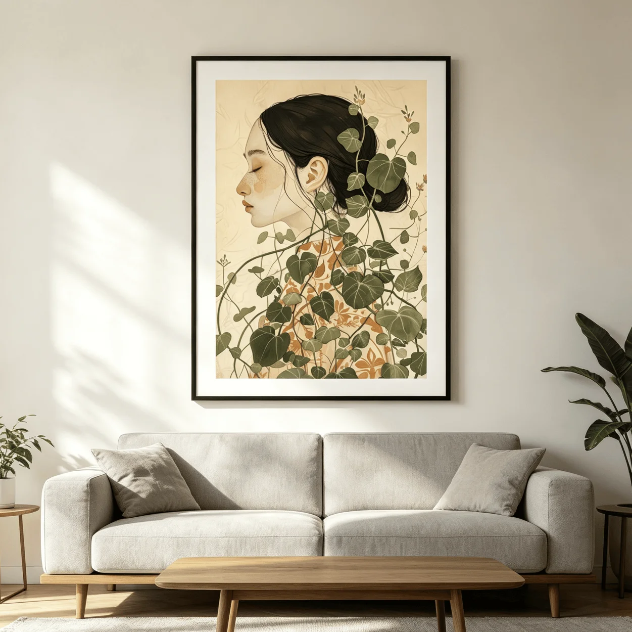 Minimalist Botanical Woman Canvas Wall Art, Green Ivy Vine Side Profile Poster Decor for Living Room Bedroom Study Home
