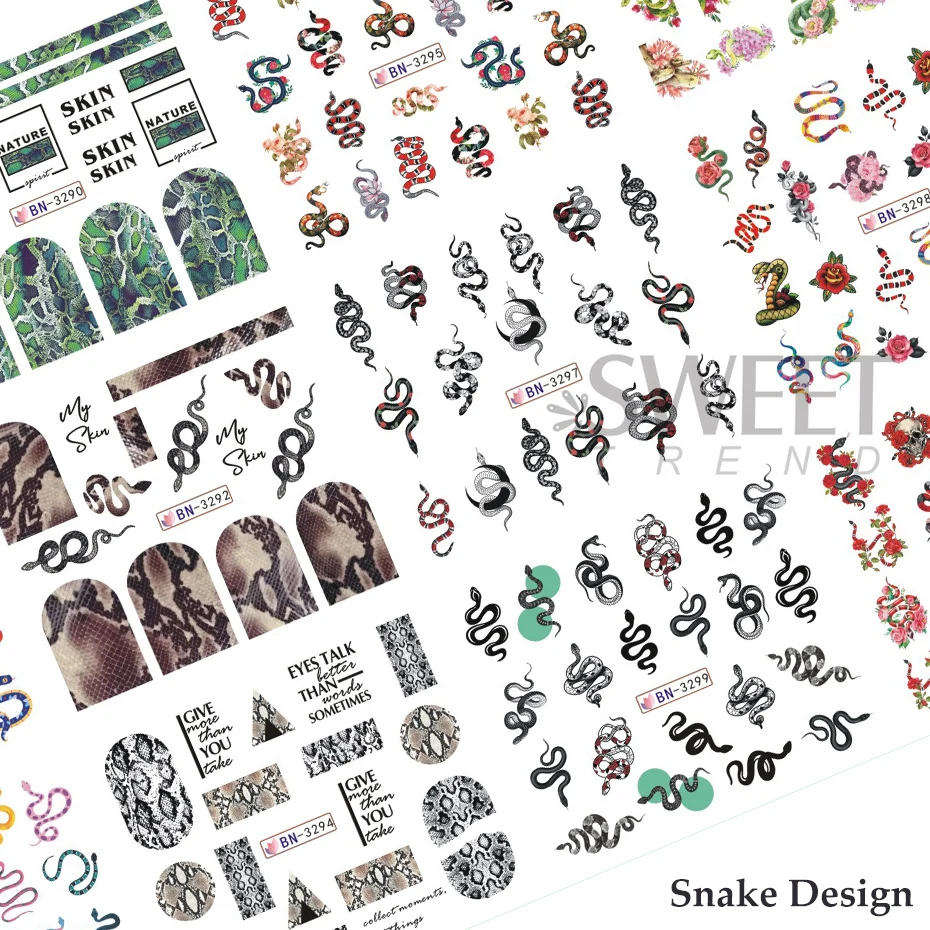 12 Design Snake Nail Stickers Colorful Black Snake Skin Texture Rose Flower Water Transfer Sliders DIY Y2K Style Manicure Decor