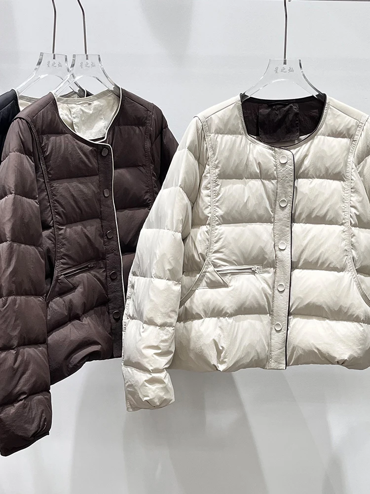 2025, Herbst und Winter, neue Damen-Rundhals-Einreiher, kurze weiße Entendaunenjacke, einfarbig, lässiger Mantel