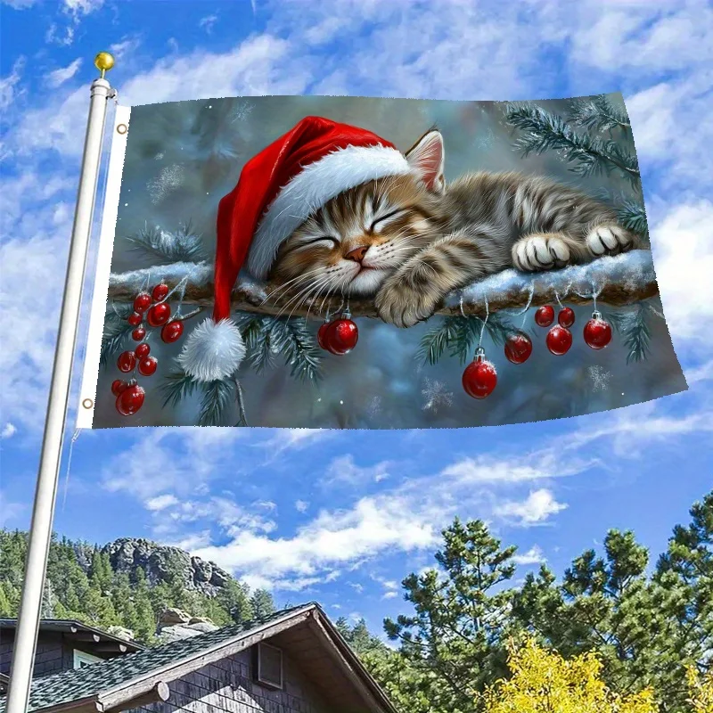 1pc Festive Winter Cat House Flag 3x5ft Santa Hat Kitten Design, Durable Polyester Single-Sided Hanging with Two-Hole Ring