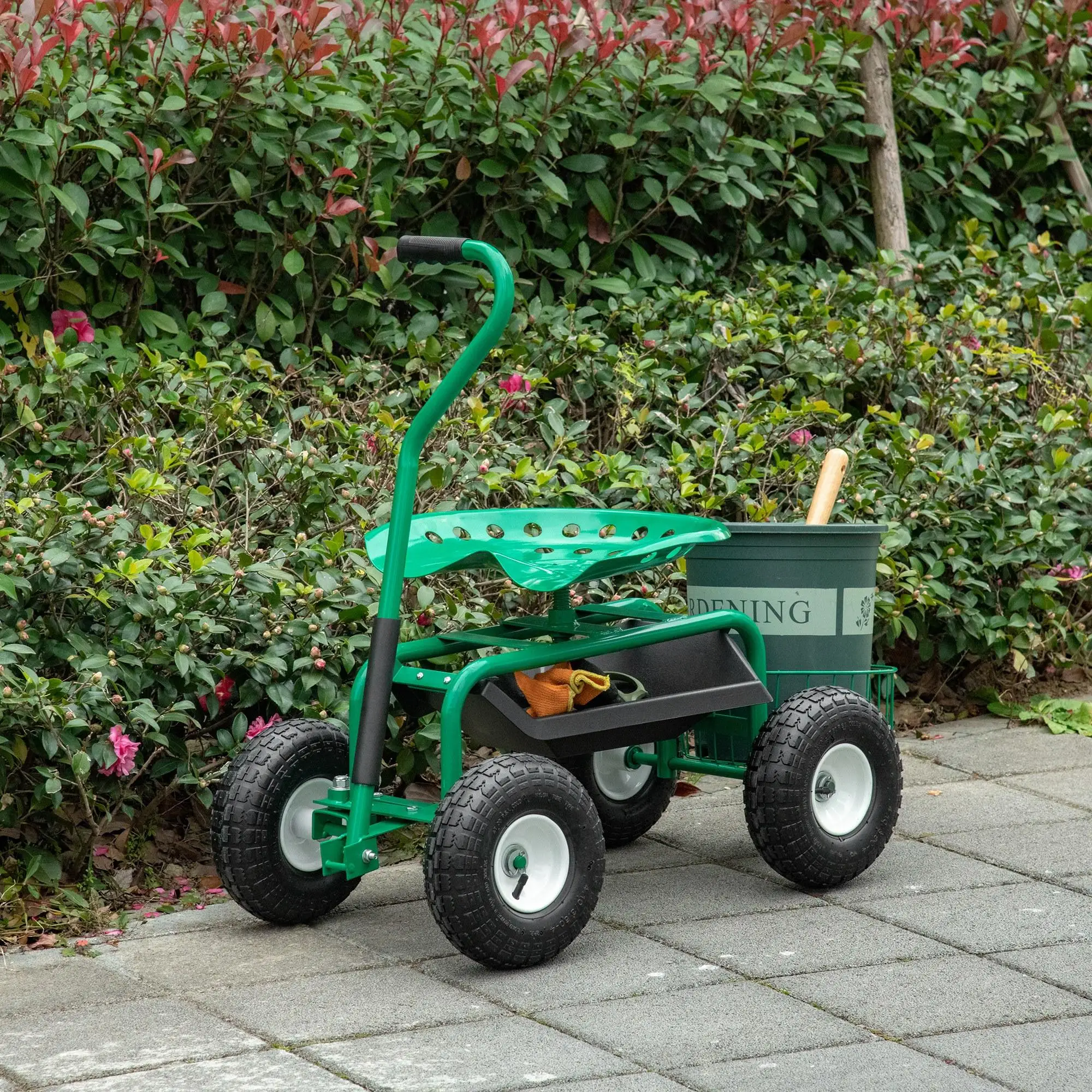 Siège de jardin avec roulettes, pivotant, réglable en hauteur, panier de rangement pour outils, extérieur, vert, métal
