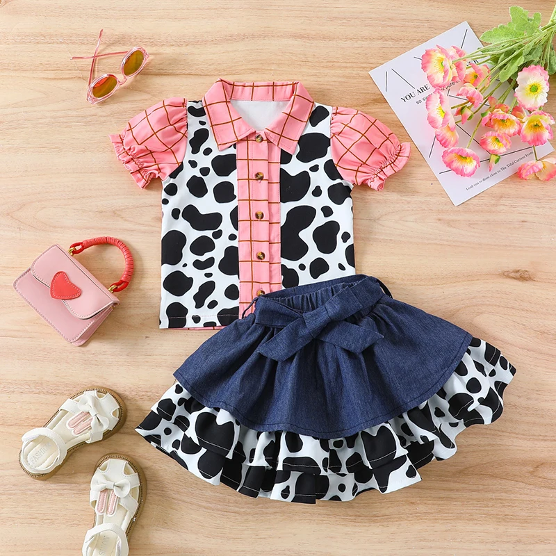 Baby Clothing Girls Summer Short Sleeve Cow Print Shirt+Denim Skirt Set Kids Girls Clothes Outfits Children\'s Clothing