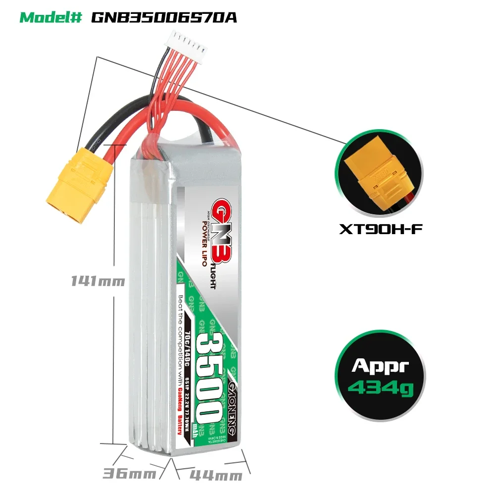 GAONENG GNB 3500mAh 6S 70C 140C 22.2V XT90 LiPo Battery FMS 70mm EDF Jets 1400mm 3D Plane Size 600mm to 700mm Helicopters