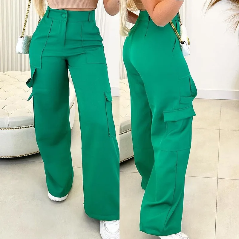 2023 New Women\'s Fashion Solid Pants Casual Patch Bag High Waist Wide Leg Green Workwear Pants