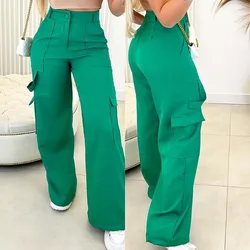 2023 New Women's Fashion Solid Pants Casual Patch Bag High Waist Wide Leg Green Workwear Pants