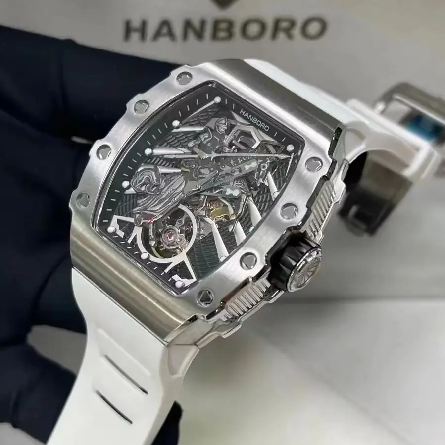 HANBORO Men Automatic Watch Tonneau Mechanical Wristwatch Luminous Waterproof Sapphire Skeleton Knight Dial Miyota Mov