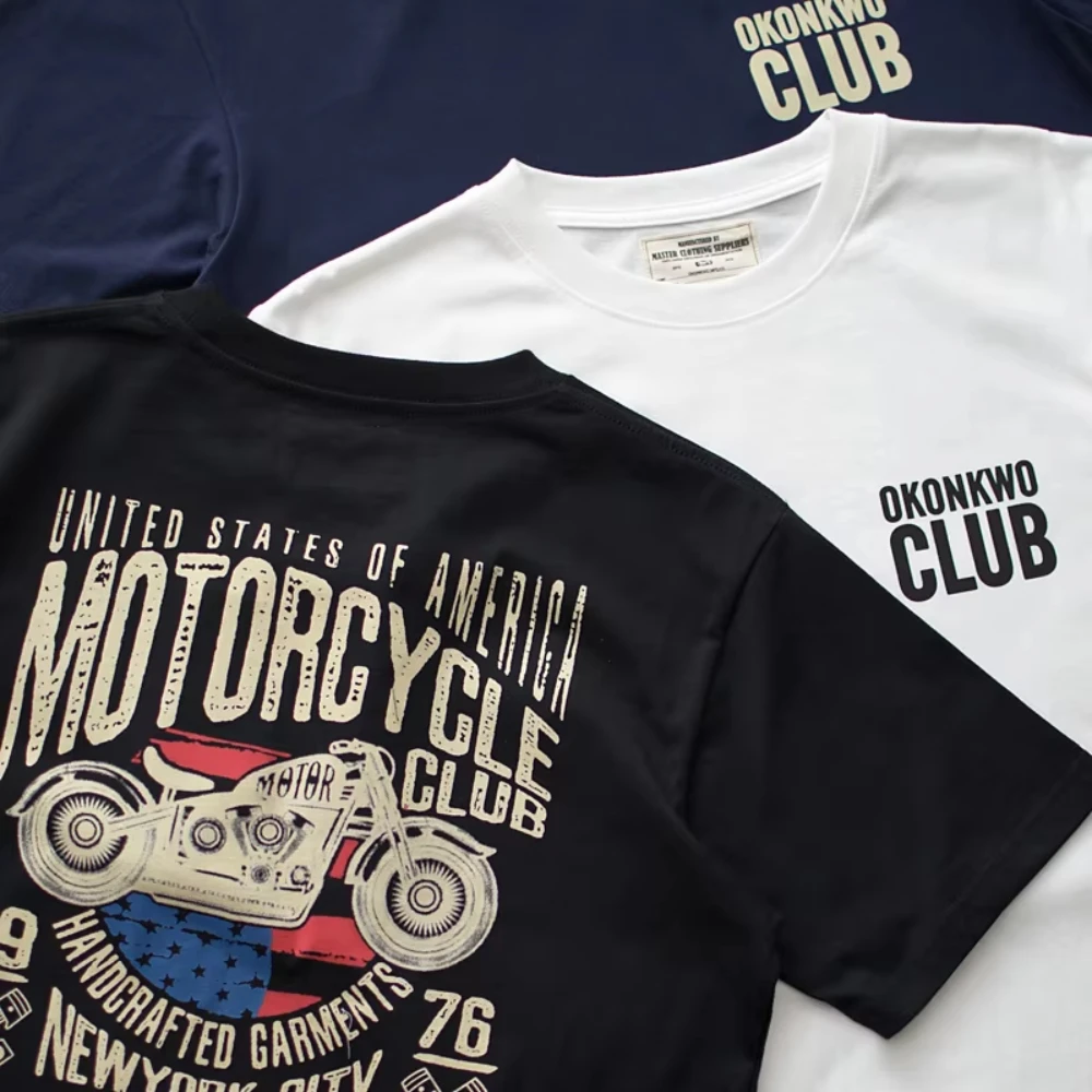 

2025 Summer Fashion Amikaji motorcycle back-printed T-shirt American retro T-shirt Cotton round-neck short-sleeved men's T-shirt