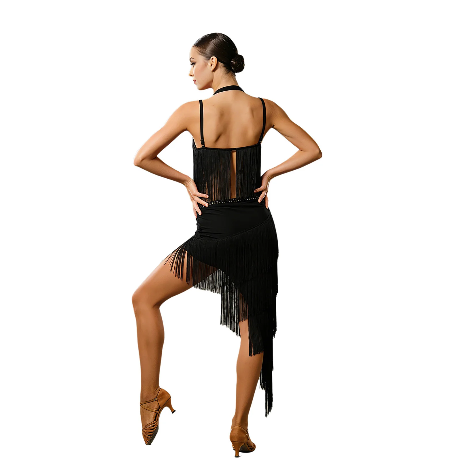 

Womens Latin Tango Fringed Dance Outfit Rhinestone Fringe Camisole and Tassel Skirt for Belly Dance Cha-cha Rumba Proms Costume