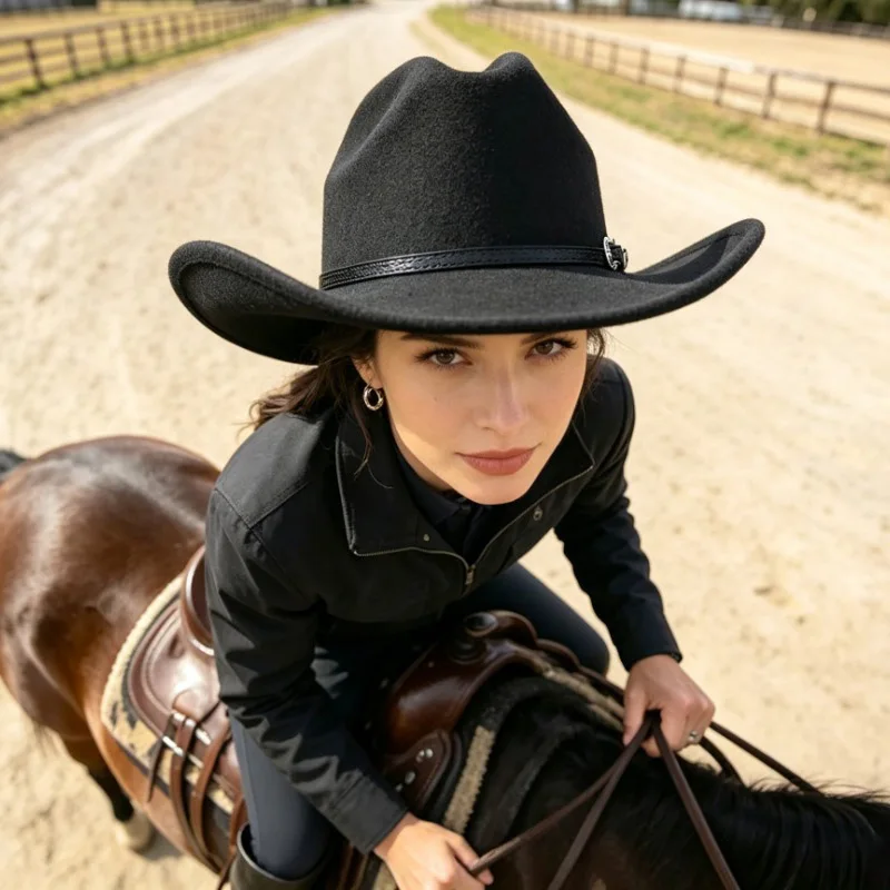 Black Wool Felt Cowboy Hat Flat Brim Western One-top British Style Classic Hat For Horse Riding Party & Outdoor Daily Wear