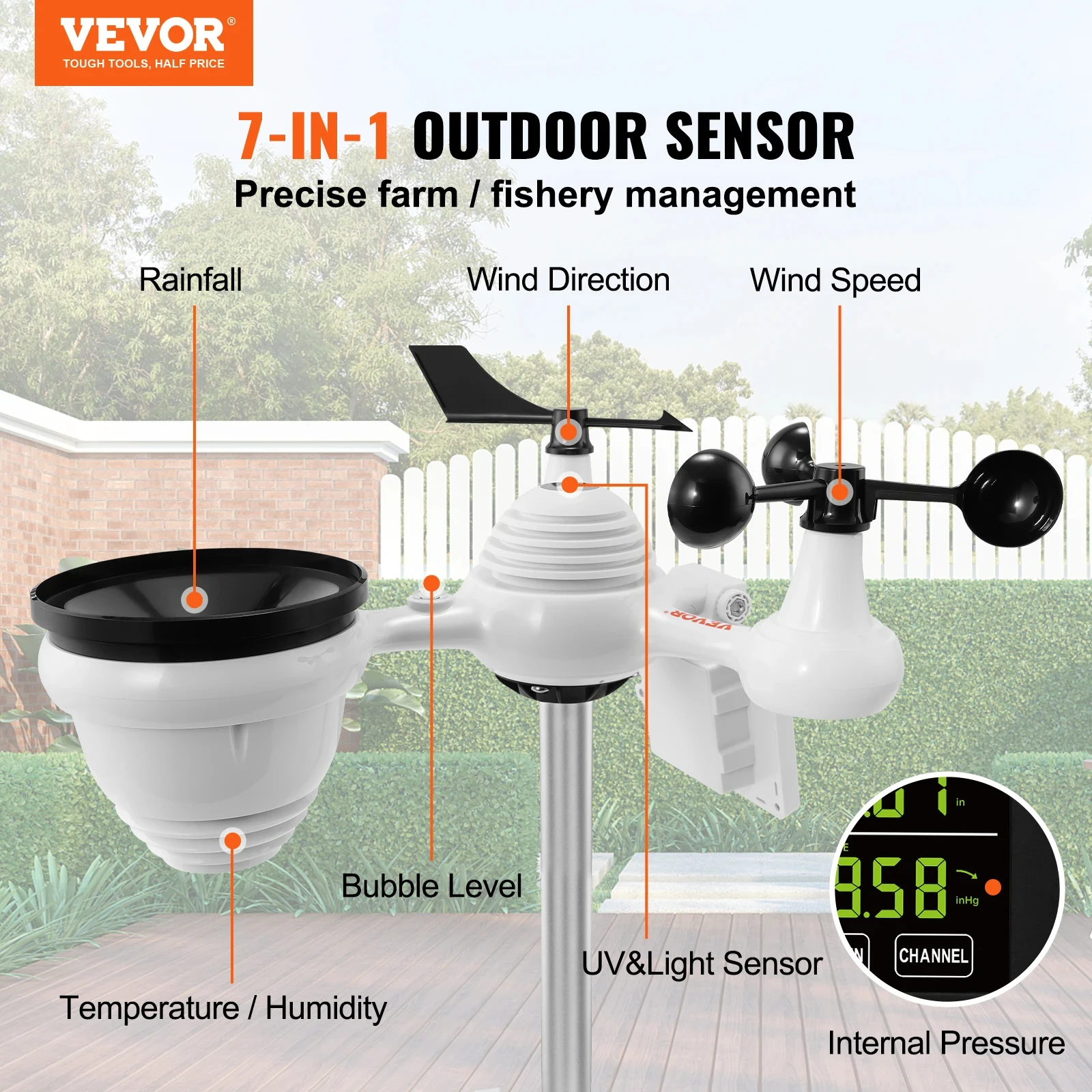 VEVOR Wi-Fi Weather Station 7-in-1 7.5 in Color Display with Solar Wireless Outdoor Sensor Alarm Alerts for Temperature Humidity