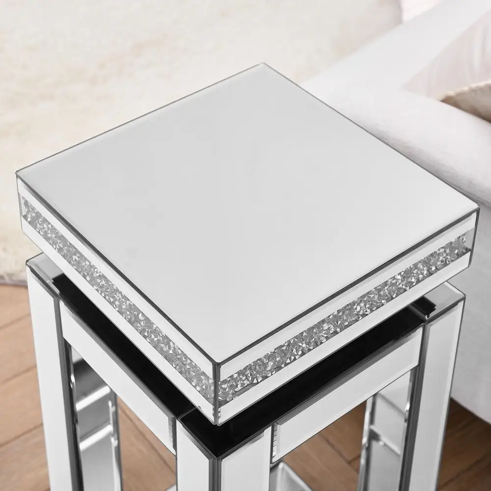 Mirrored End Table Crystal Inlay 2-Tier Square Sofa Side Table Modern Silver Accent Storage 26"H