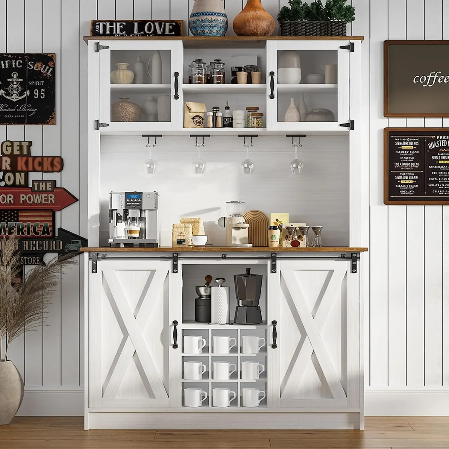 4Ever2Kup Farmhouse Coffee Bar Cabinet With Hutch, 72'' Biała szafka z 2 szklanymi drzwiami, wysoka szafka na wino z 9