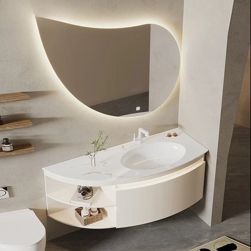 

French cream Internet celebrity profiled irregular bathroom cabinet rock slab ceramic integrated seamless basin washstand oak