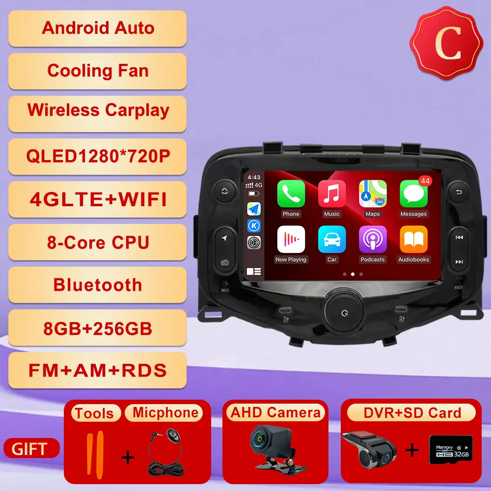 Android 15 Voor Toyota Aygo Peugeot 108 Citroen C1 2014-2021 Autoradio Multimedia Gps-navigatie Carplay Auto speler Bluetooth