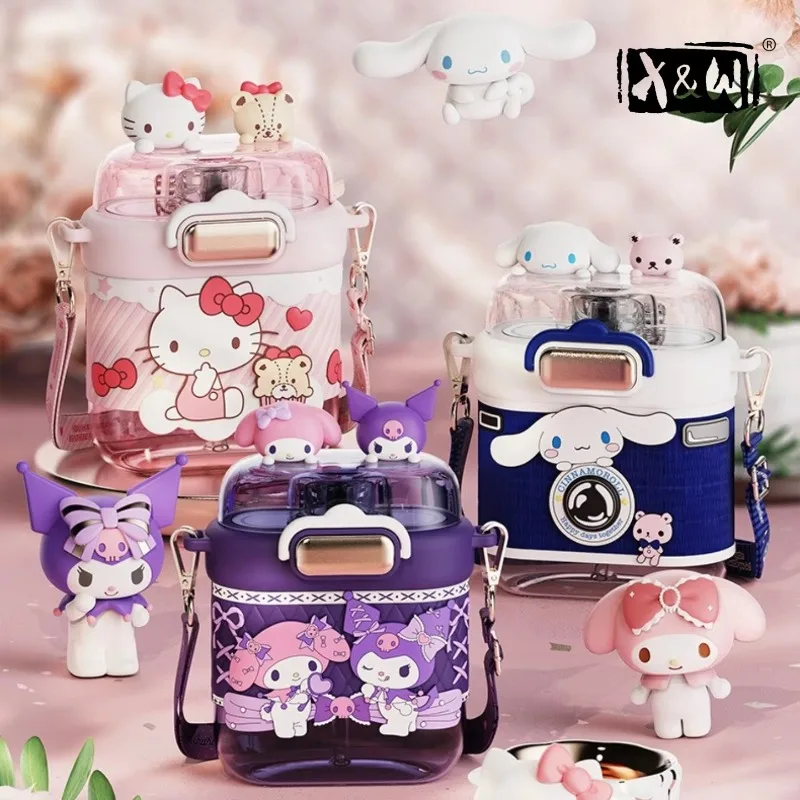 X&W 700ML Square Water Bottle with Doll Ornament Shoulder Strap Leakproof Dual Opening Drinking Cup for School Travel Outdoor