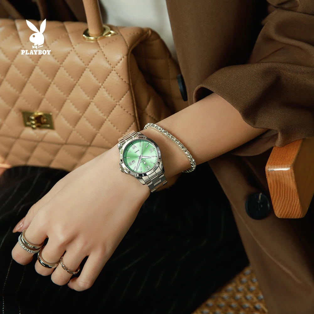 PLAYBOY 3535 Modern Watch For Women Small Round Dial 30m Waterproof Steel Strip HD Night Light Function Original Quartz Watch