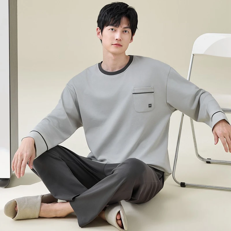 

Новые весенне-осенние пижамные комплекты больших размеров с длинным рукавом из 100% хлопка для мужчин, корейский свободный крой, домашняя одежда для сна, мужская домашняя одежда