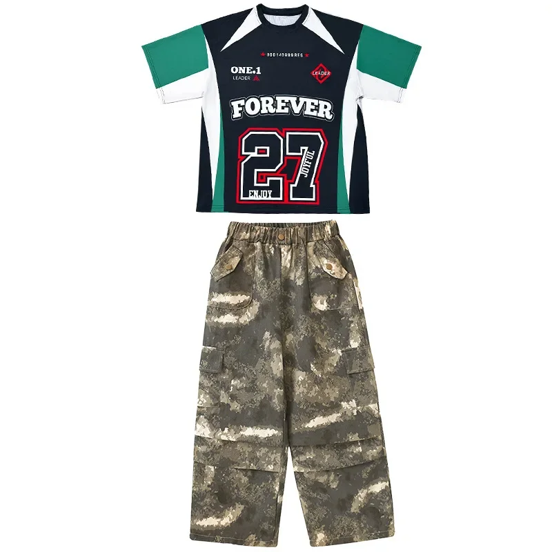 Costume de danse Hip Hop pour filles, haut imprimé, pantalon Cargo de Camouflage pour garçons, vêtements de spectacle de rue Jazz
