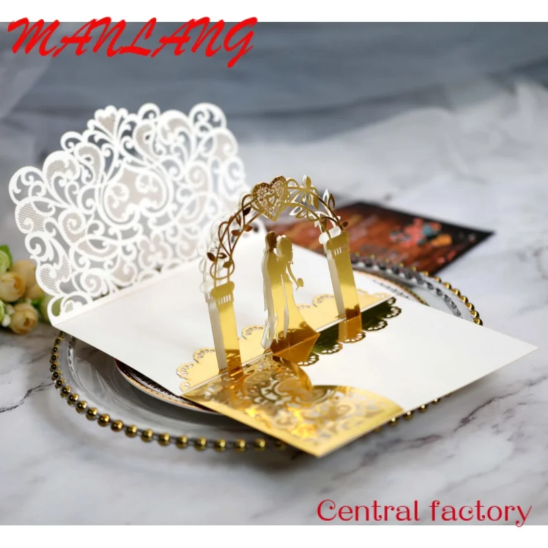 Custom  Joytop Custom Printing Golden Glitter Bride And Groom 3D Up Card Laser Cut Wedding Invitation Card Luxury