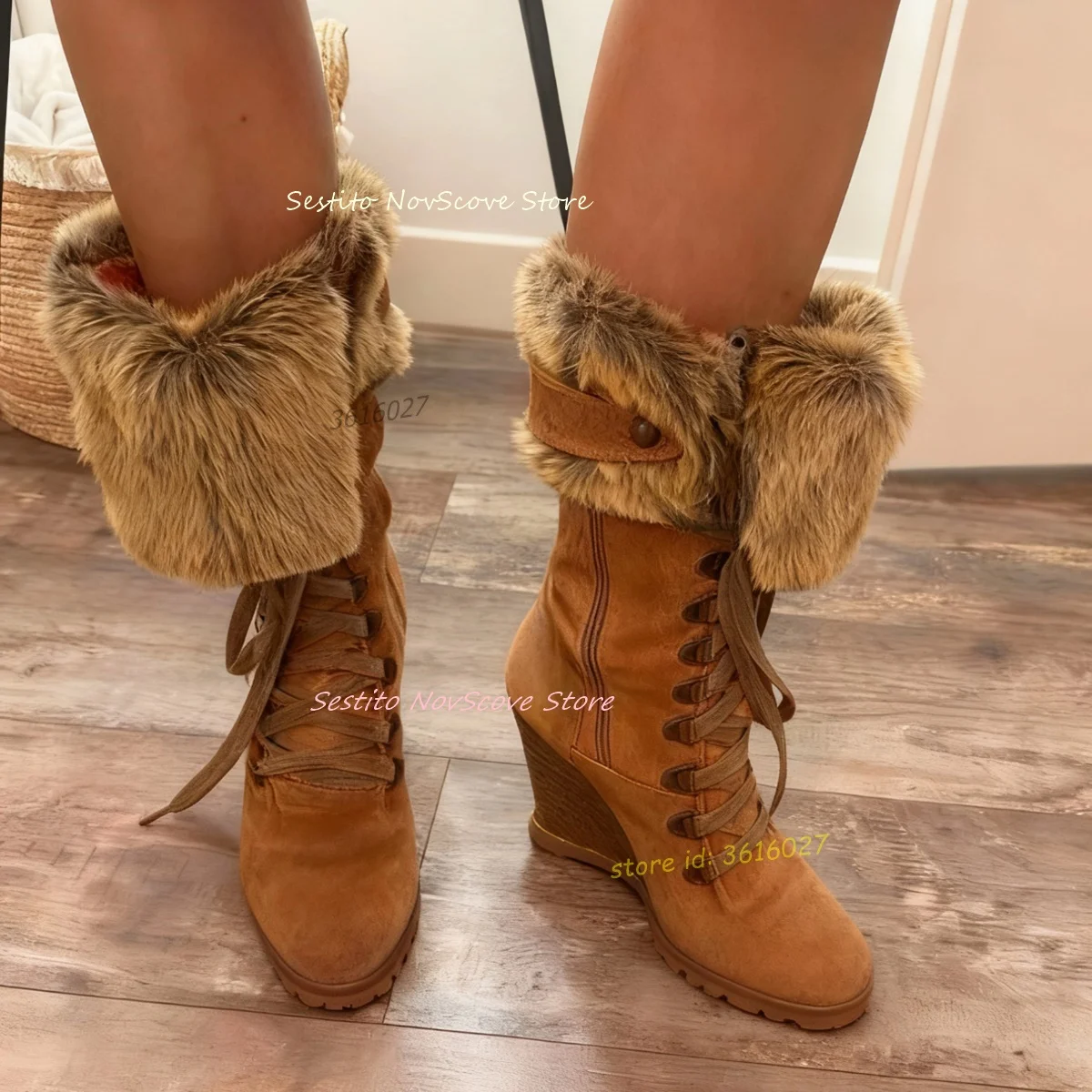 

Brown Suede Wedges Mid-Calf Boots Fur Decor Shaft Front Cross Straps Lace Up Side Zip Furry Winter Rubber Sole Vintage Booties