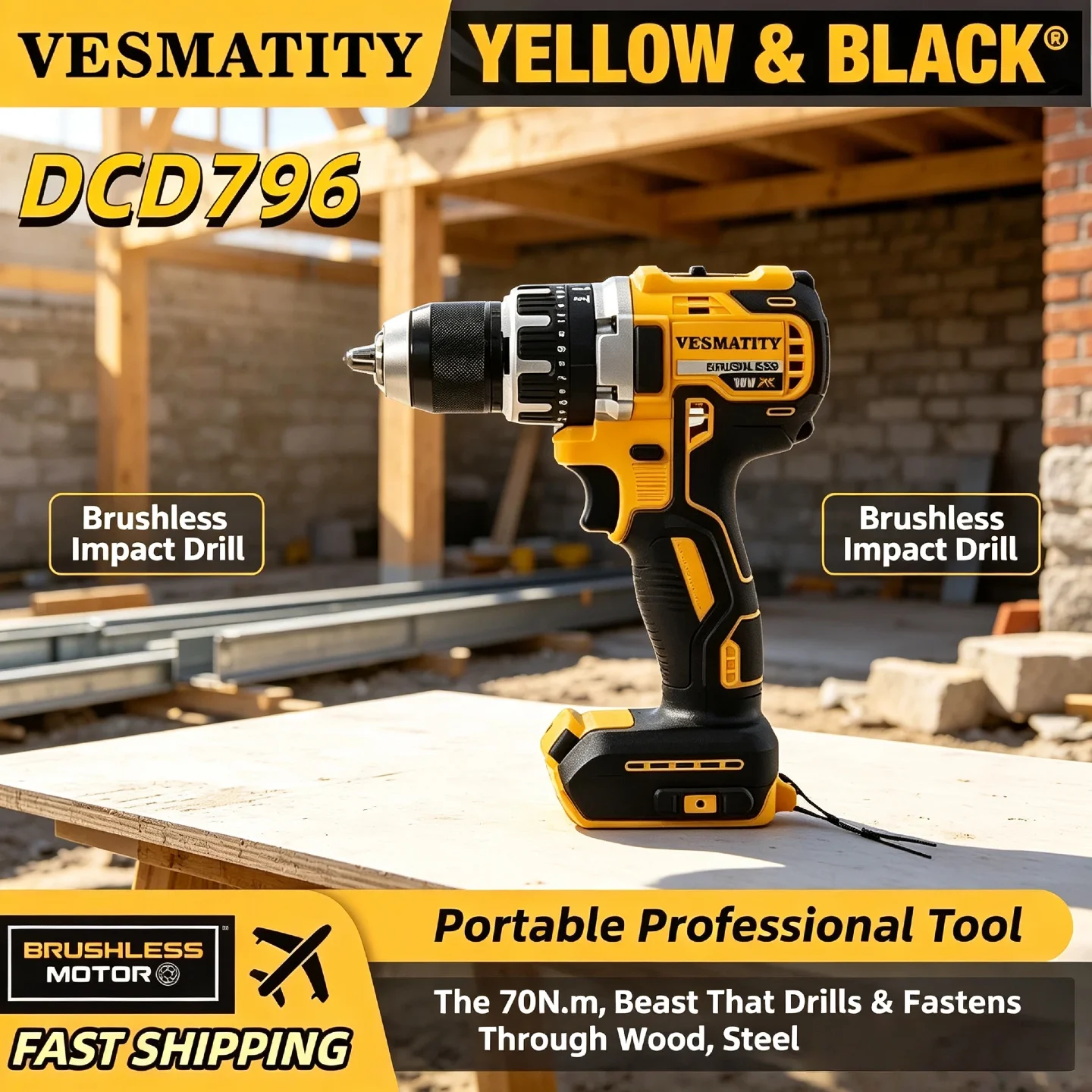 Vesmatity DCD796 Brushless Impact Drill 70N.m – 2200RPM 34000BPM 14+1 Clutch 3/8