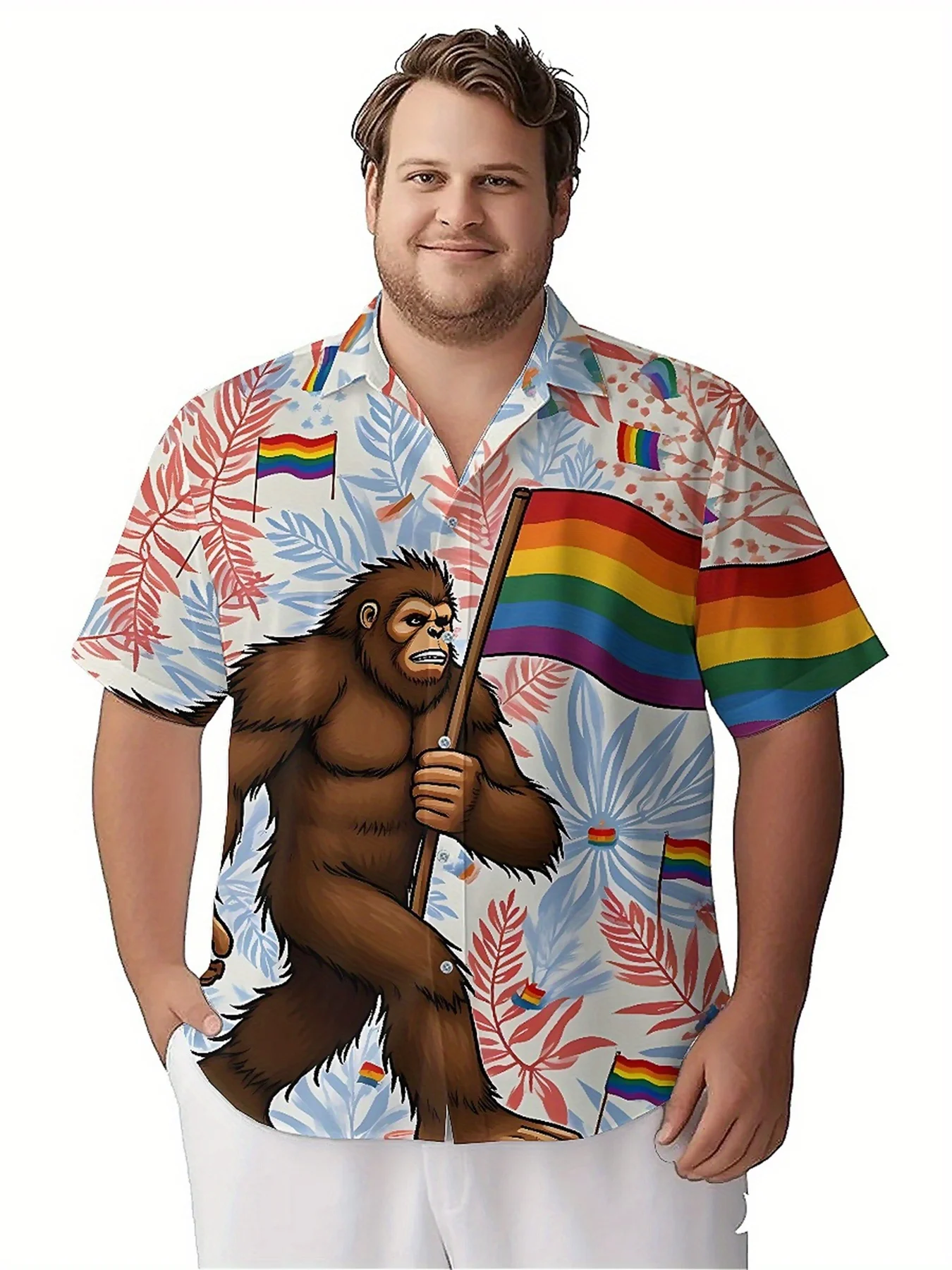 Men's Plus Size Hawaiian Shirts Rainbow Sasquatch Theme pattern,Unisex Baggy Aloha Shirts,summer Alternative Clothing
