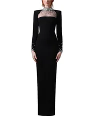 Luxury Jersey Evening Party Dress Black Sheath Rhinestone High Collar Bespoke Occasion Gown Long Sleeves Column Formal Dresses