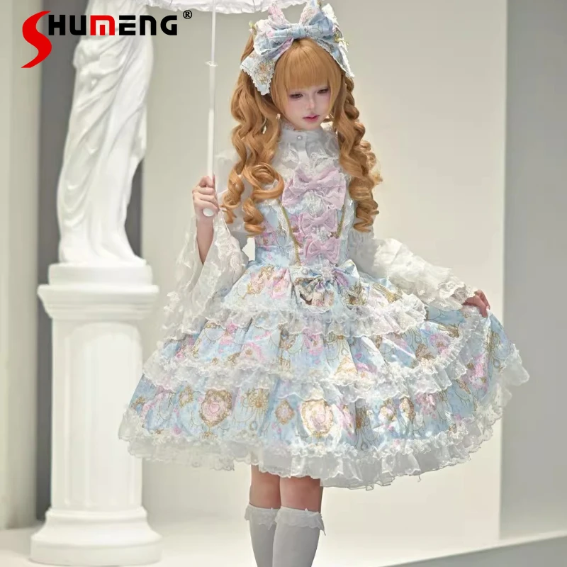 

Original Lolita Princess Birthday Party Dress Square Neck Lace Spliced Bow High Waist A-line Kawaii Printed JSK Dress for Women