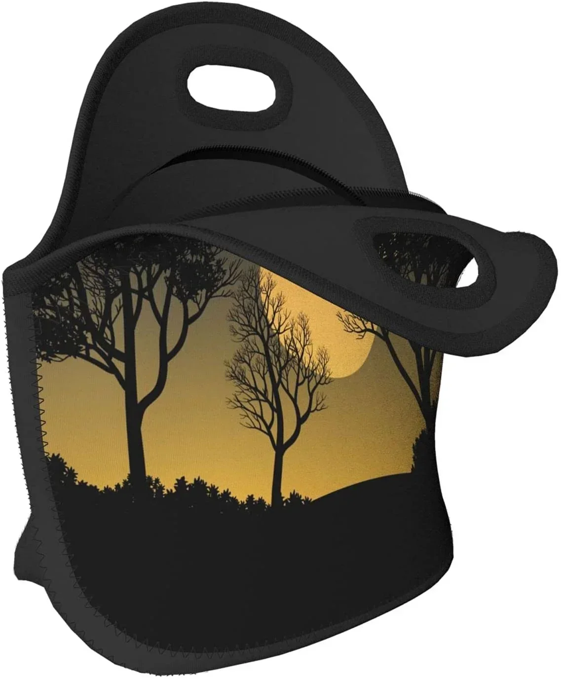 Sunset Full Moon dengan kotak tas makan siang Neoprene pohon hutan hitam, tas Tote pengatur tas Bento pendingin tahan lama