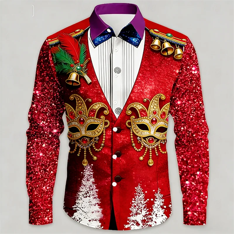 New Men's Christmas Snowflake 3D Mask Printed Shirt Tie Feather Style Men's Shirt Holiday Men's Clothing Top