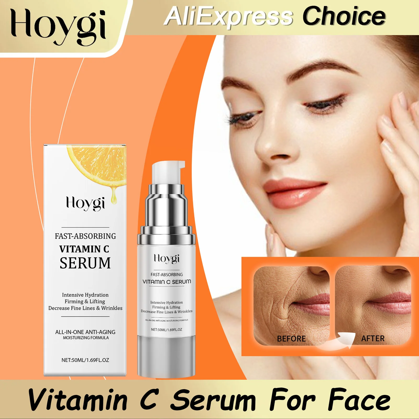 Sérum Facial HOYGI com Vitamina C e Ácido Hialurônico para Iluminar a Pele Escura, Reduzir Linhas Finas, Hidratar e Reparar a Pele Opaca