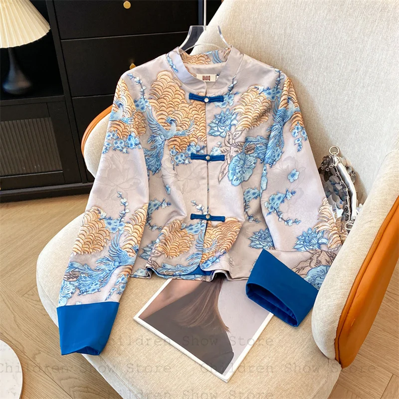 

Blue Bird Jacquard Tang Clothes Long Sleeve Hanfu Jacket New Chinese Style Tang Clothes Qipao Top Lady Autumn New Outwear Jacket