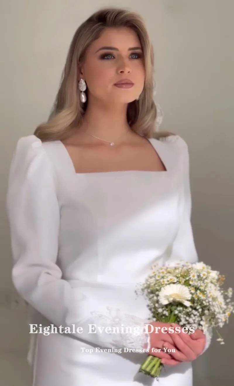 Eightale-Vestido De novia árabe De satén, manga larga, personalizado, encaje blanco marfil, sirena musulmana, Vestido De novia