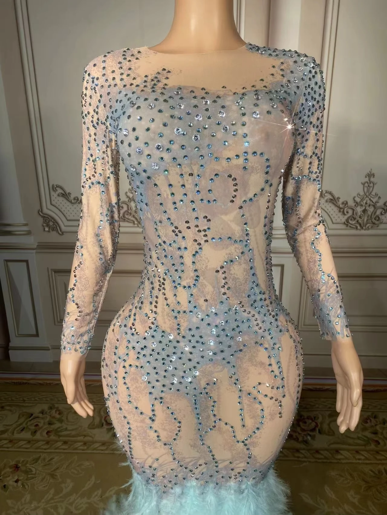 ZD Wunderschönes Mesh-Pailletten-Feder-Glam-Kleid, sexy, transparent, Feiern, Abendkleid, Geburtstag, Strass-Kleid für Frauen