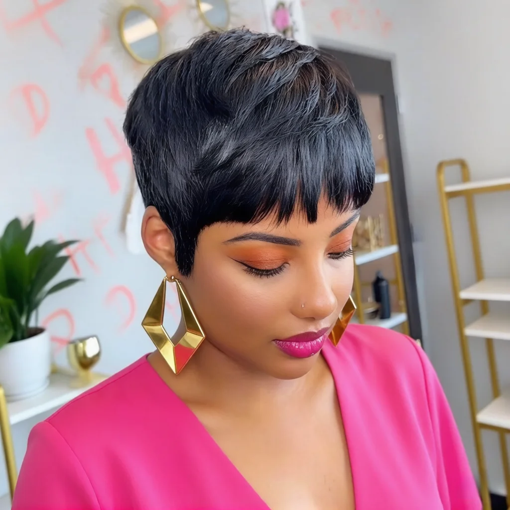 

Pixie Cut Human Hair Wigs, full machine made Short Straight Hair Wig with Bangs, Natural Black Hair Wigs for Women