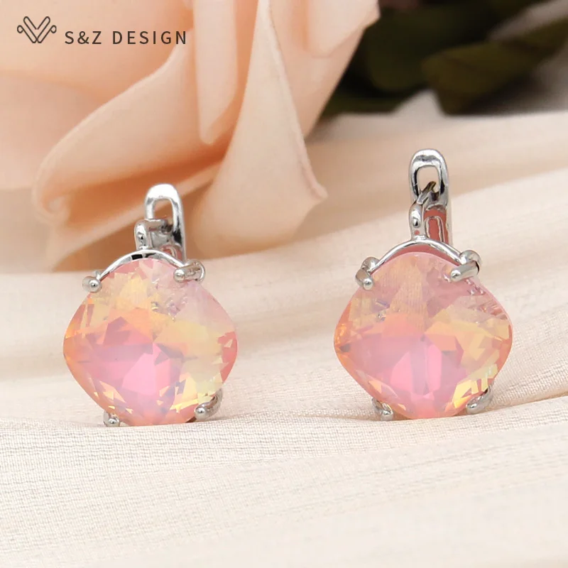 S&Z DESIGN New Fashion Square Colorful Crystal Drop Earring For Women 585 Rose Gold Color Wedding Jewelry