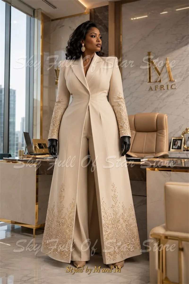 Khaki Women Suit Set 2 Pcs Gold Floral Sequin Embroidered Long Blazer+Wide Leg Pants Custom Formal Evening Wedding Lady Outfit