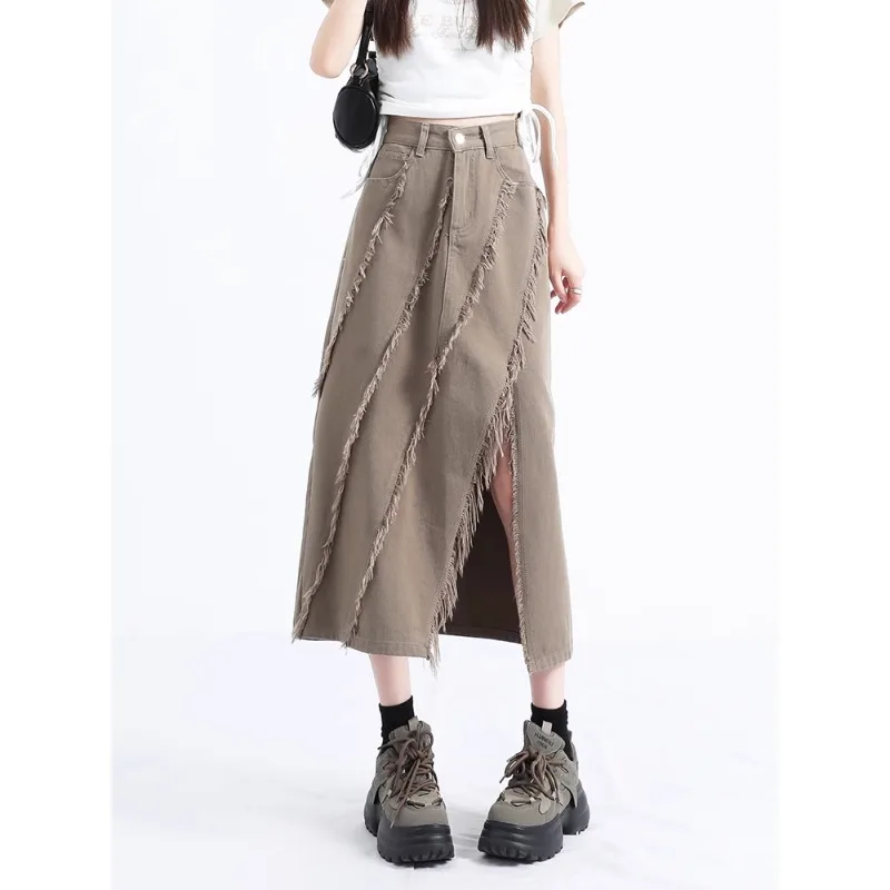 

Irregular Tassel Denim Skirt, Women's High Waisted Slim Slit A-line Skirt